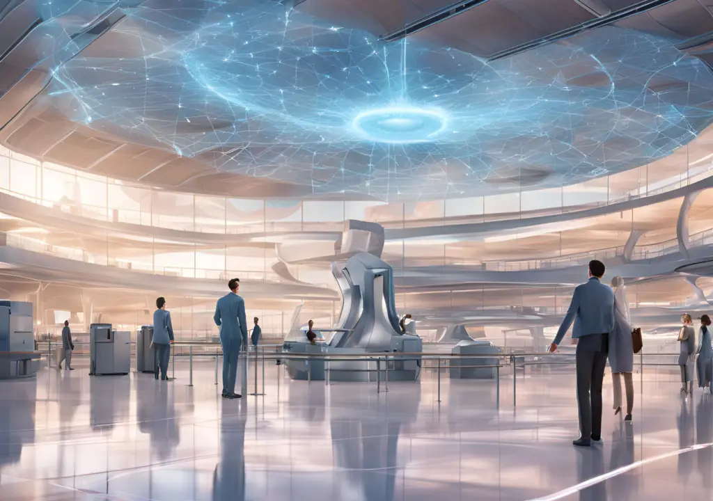 Displayed is a hypothetical scenario of how AI can assist travelers in the future: You can see an airport with people ready to travel and a cloud above their heads with artificial blue light guiding the path.