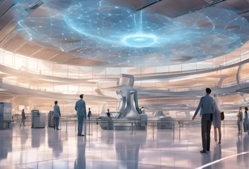 Displayed is a hypothetical scenario of how AI can assist travelers in the future: You can see an airport with people ready to travel and a cloud above their heads with artificial blue light guiding the path.