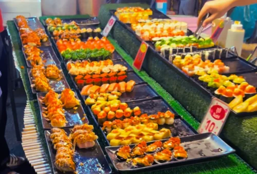 Sushi on a chinese night market in Chiang Mai, Thailand.